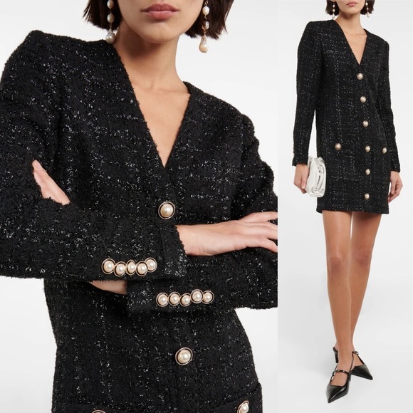 Veronica Beard Kenai Sparkly Boucle Tweed Mini Dress Black Faux Pearl Buttons - Picture 2 of 9